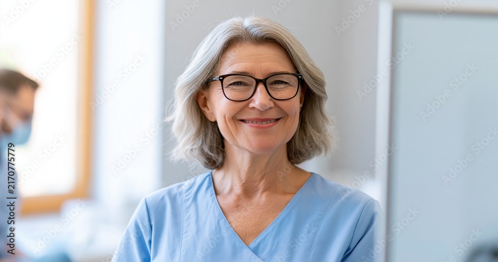 Fototapeta premium Smiling senior female nurse in medical uniform