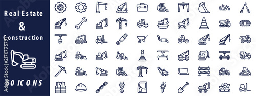 Heavy machinery, cranes, excavators, and construction tools set