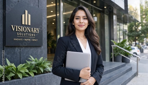 Businesswoman in blazer holding laptop outside modern office building entrance