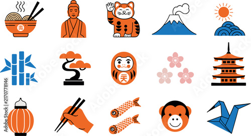 Japanese cultural icons collection, traditional food animals nature and landmark vector illustration set for travel design