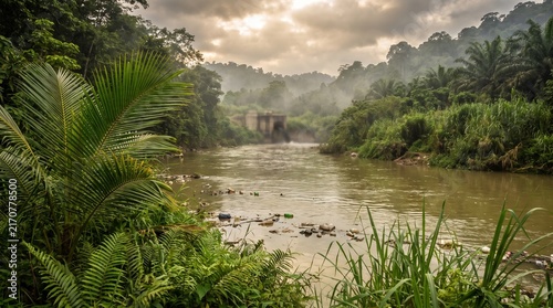 Tropical River Flowing Through a Dense Rainforest Landscape at Sunset