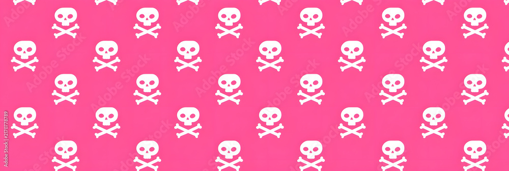 A tiny collection of white skulls and crosses on a soft pink backdrop. A delightful seamless pattern. A simple flat graphic illustration in vector format. With texture.