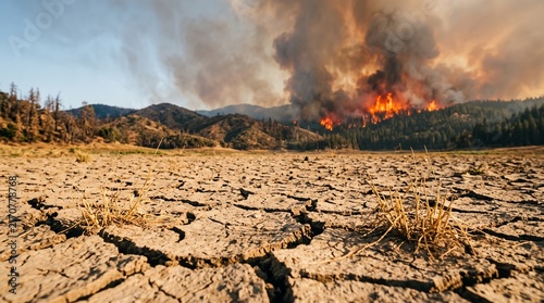 Cracked Dry Ground and Burning Forest Wildfire Symbolizing Drought Climate Change Extreme Heat and Environmental Crisis