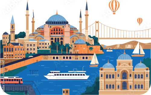 Istanbul City Skyline Bosphorus Waterfront Landmarks Mosque Bridge Travel Vector Illustration Cultural Tourism Destination Architecture Design