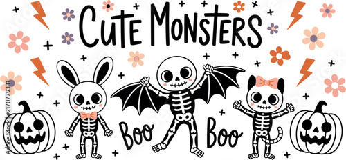 Cute Halloween Monsters Collection, Skeleton Characters Pumpkin and Bat Vector Illustration Set for Kids Projects