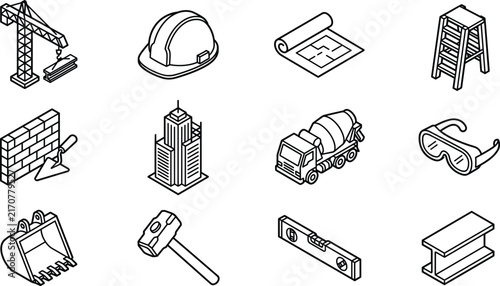 Isometric Construction and Engineering Icon Set Featuring Tower Crane Helmet Blueprint Concrete Mixer Truck and Building Line Art