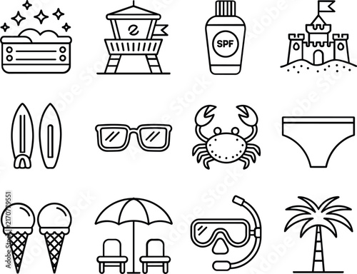 Beach Vacation Icons Collection, Summer Travel Vector Line Art Set with Surfing Swimming and Holiday Symbols