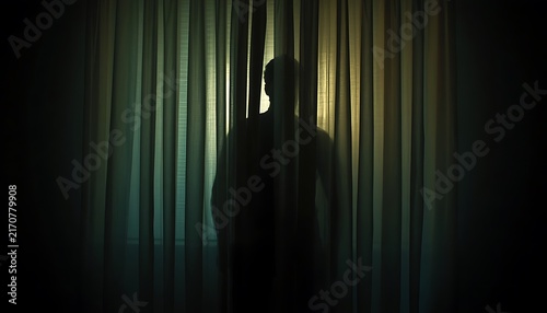 Shadowy Silhouette Behind Translucent Curtain in Dim Room, Suspense Concept