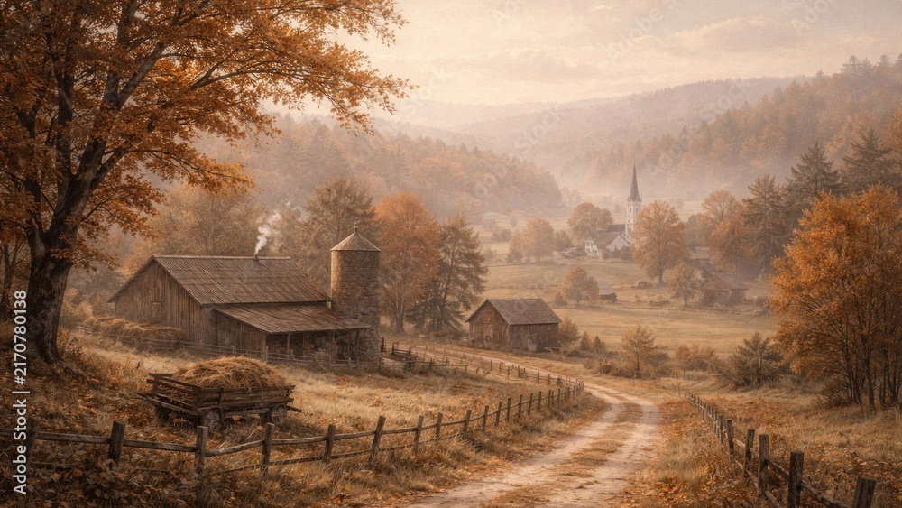 Fototapeta premium Serene autumn countryside landscape scene.