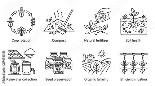Sustainable agriculture practices illustrated through black and white line art vector icons for modern farming design