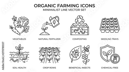 Organic farming vector icon set featuring minimalist black line designs for agricultural projects and websites