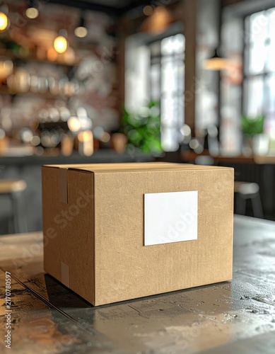 cardboard shipping box with blank label on rustic wooden table, logistics delivery supply chain, ecommerce storage packaging, cargo parcel