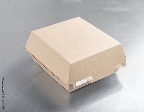 Closed brown paper burger box on a metallic surface, eco-friendly fast food packaging, takeaway meal carrier