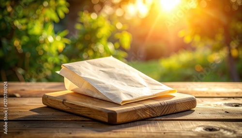 folded paper packet on wooden cutting board, rustic outdoor table setting at sunset, picnic or lunch takeaway food packaging
