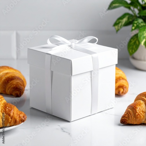 Square white gift box with silk ribbon bow surrounded by fresh golden brown croissants on marble surface