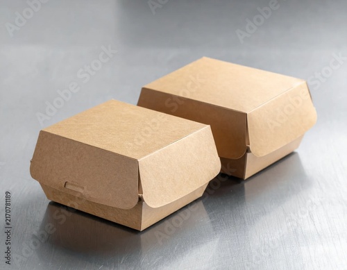 Two closed brown cardboard food containers, eco friendly takeaway packaging, fast food delivery, sustainable lunch box
