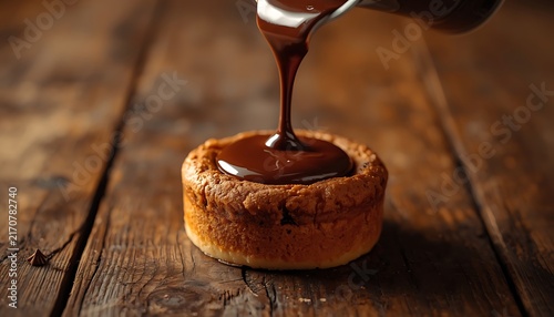 Melted Chocolate Pouring Over Fresh Baked Dessert on Rustic Wooden Table