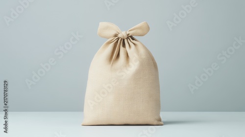 A simple, beige fabric bag tied with a bow, perfect for gifts or storage, sits on a light grey background