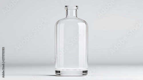 A clear glass bottle with a slightly curved body stands on a white background