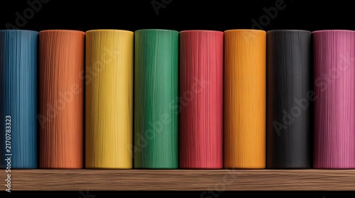 Colorful cylindrical books with wood-like texture are neatly arranged on a shelf
