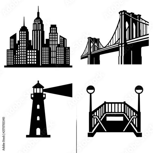 Urban City Skyline Bridge Lighthouse and Subway Entrance Set