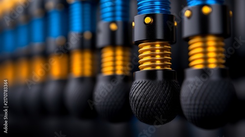 Close-up of multiple metallic objects with black, gold, and blue elements arranged in a row