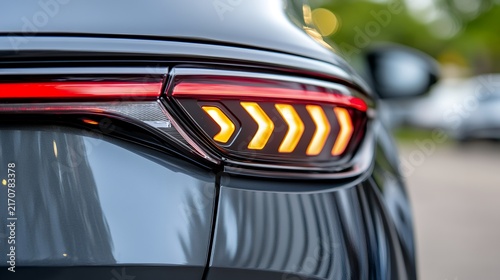 Close-up of a dark gray car's taillight with illuminated orange directional indicators