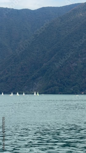 A fleet of sailboats glides across a vast, tranquil blue expanse of water, with a majestic, tree-covered mountain range forming a dramatic backdrop. Switzerland, Lugano, Lake Lugano