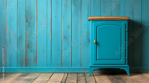 A teal painted wooden cabinet stands against a teal wood-paneled wall