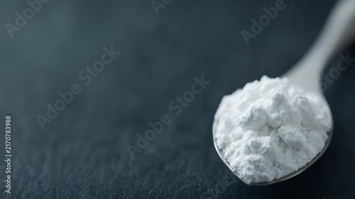 A spoonful of white powder sits on a dark surface, showcasing its fine texture and subtle lumps