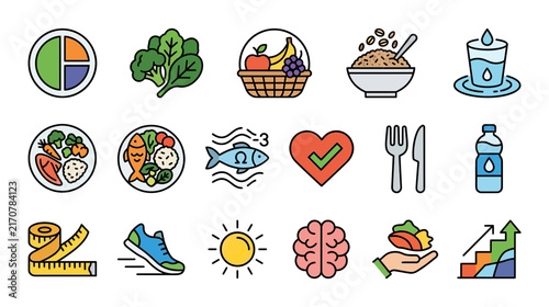 Healthy Lifestyle Icons Set: Nutrition, Fitness, Wellness