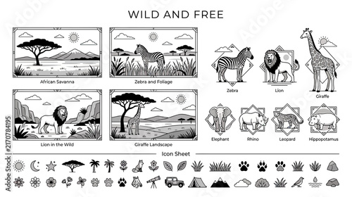 Safari Wildlife Icons and Landscapes