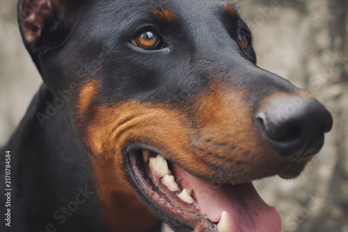 Doberman close-up: intelligent eyes, expressive face, glossy fur, healthy teeth. Regal, exemplifying canine beauty, intelligence, and breed standards