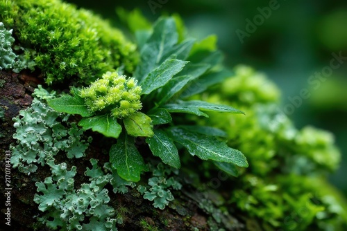 A closeup showcases vibrant green foliage including moss and other flora growing on a tree, highlighting nature's intricate beauty and a thriving ecosystem