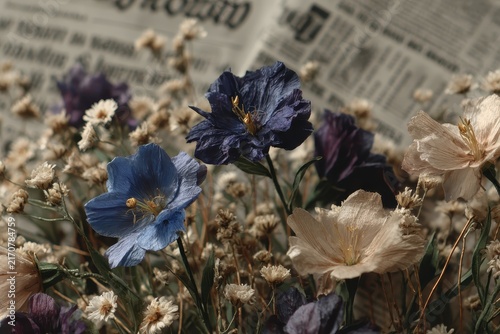 Dried flowers in hues of blues and tans are set against a blurred newspaper, evoking a feeling of timeless nostalgia, capturing the beauty of vintage florals