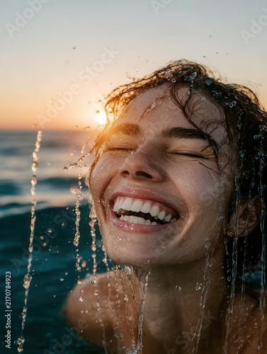 A woman in the water laughs joyfully, droplets cascading around her face as she enjoys the sunset and the feeling of refreshment