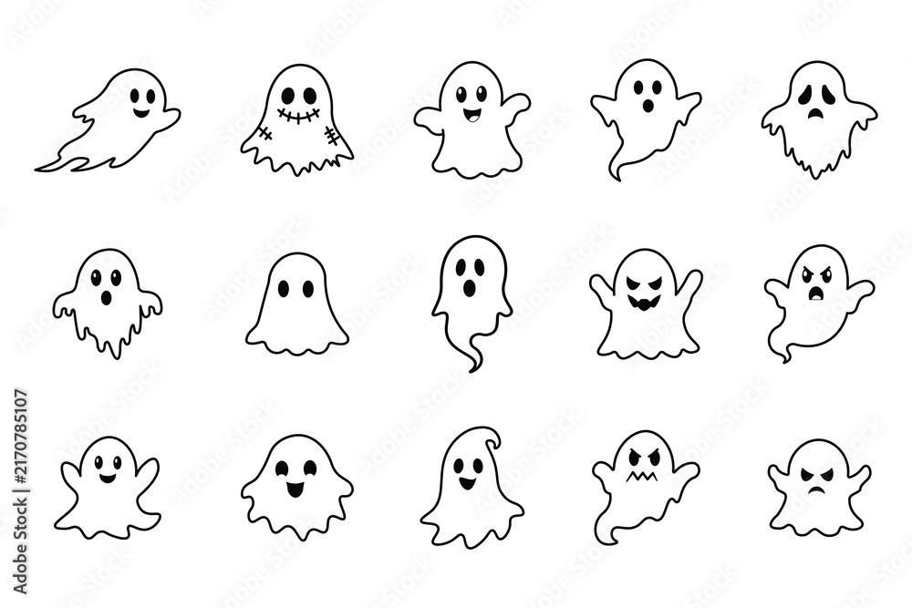 Fototapeta premium Set of cute Halloween ghost characters with outlined style vector icon in various poses.