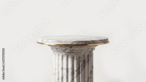 Marble Greek column with a brass edge and ornate carved pedestal, luxurious accent piece for elegant interiors.
