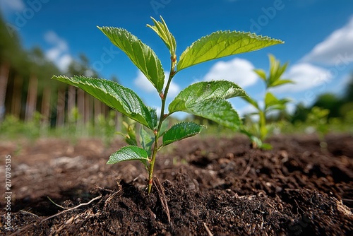 A vibrant sapling emerges from the rich earth, a symbol of new life and growth, set against a beautiful sky, representing a promising future in agriculture