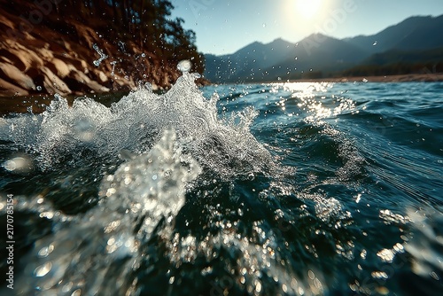 Sparkling lake surface with crashing waves. Water droplets catch sunlight in a tranquil scene of natural beauty