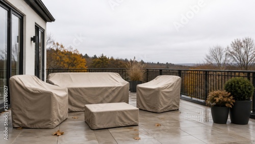 Covered Patio Furniture on Balcony Terrace for Winter Preparation