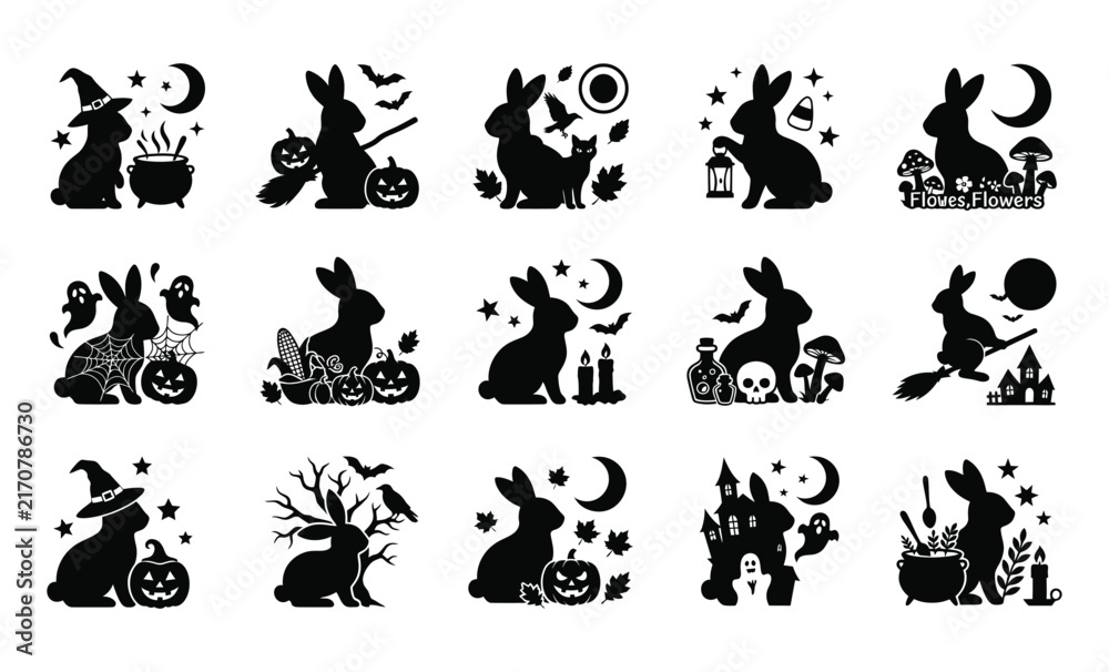 Obraz premium Set of cute black silhouette rabbits with halloween elements like pumpkins bats moons and magical witch hats icons