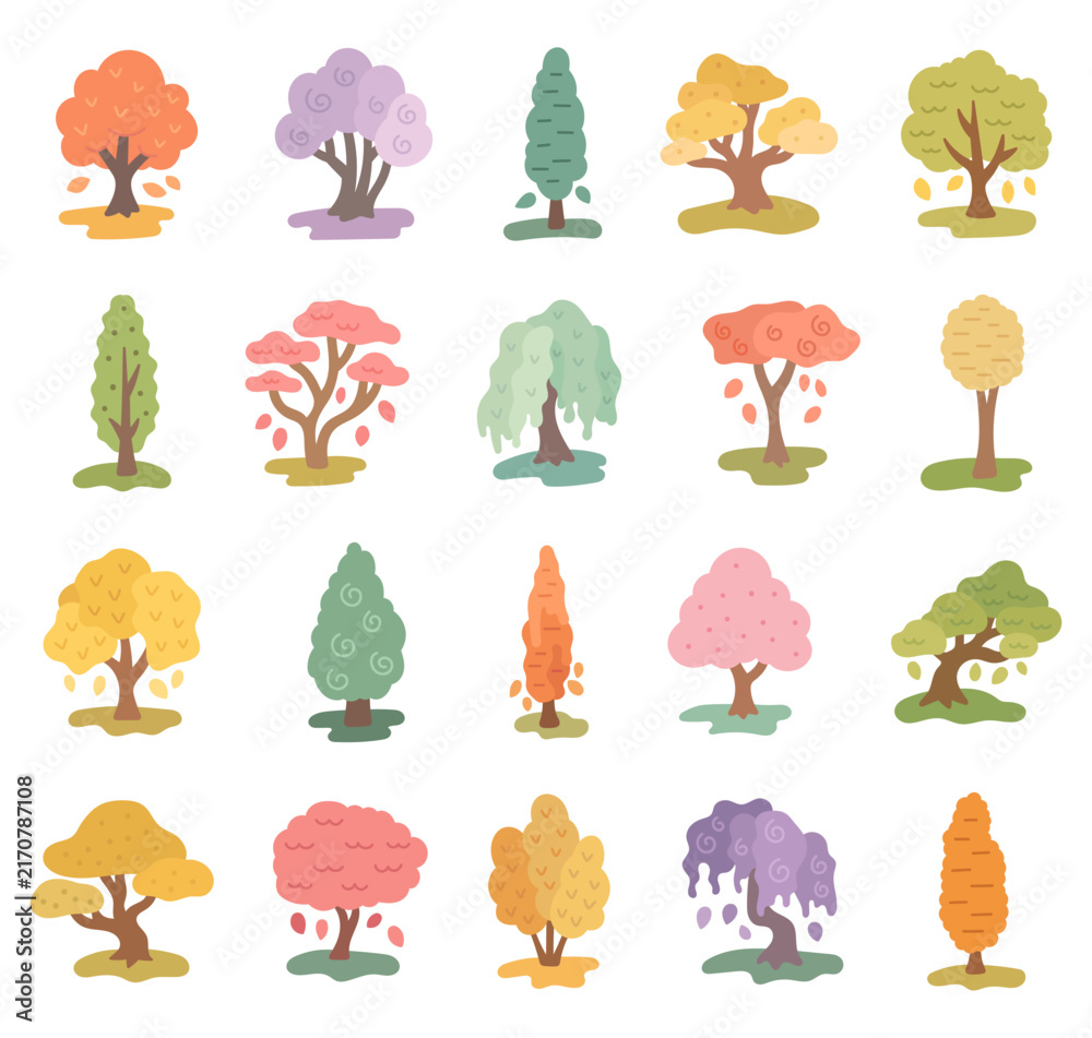 Obraz premium Autumn tree set featuring foliage leaves trunks branches canopies woodland garden forest orchard landscape spirals layers tiers cascades columns shapes