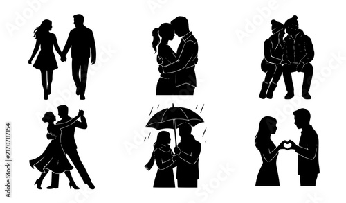 Black romantic couple silhouettes collection with embracing dancing walking and love poses