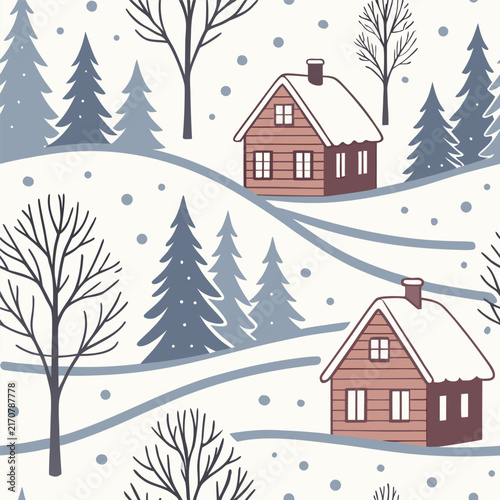 Seamless pattern featuring cute wooden houses nestled among snow-covered pine trees and bare trees on rolling hills in a peaceful winter landscape
