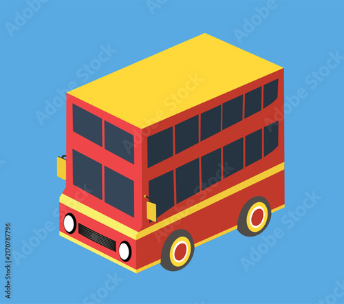 Iconic red double  bus representing public transport, tourism, and travel in a cheerful isometric cartoon illustration
