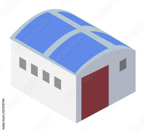 Modern warehouse building icon on white background. Representing industrial logistics, distribution, and commercial storage concepts