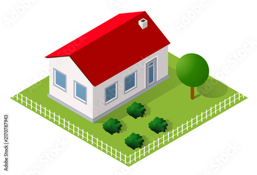 Isometric illustration featuring a residential house with a red roof, green lawn, two cultivated garden plots, and a white fence