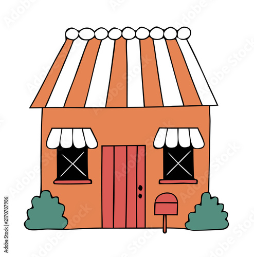 House style building with striped awning roof and window awnings. Drawing representing a charming small business or home
