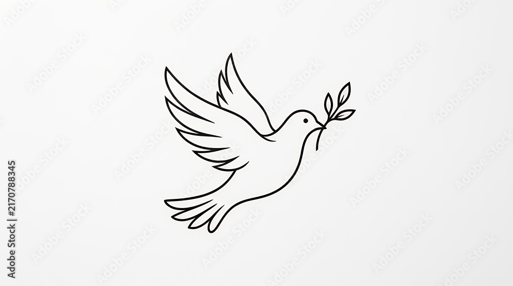 Fototapeta premium Minimalist Peace Dove with Clean Black Line Art on Pure White Background peace dove minimal line art simple white background freedom hope symbol bird harmony love graphic design 